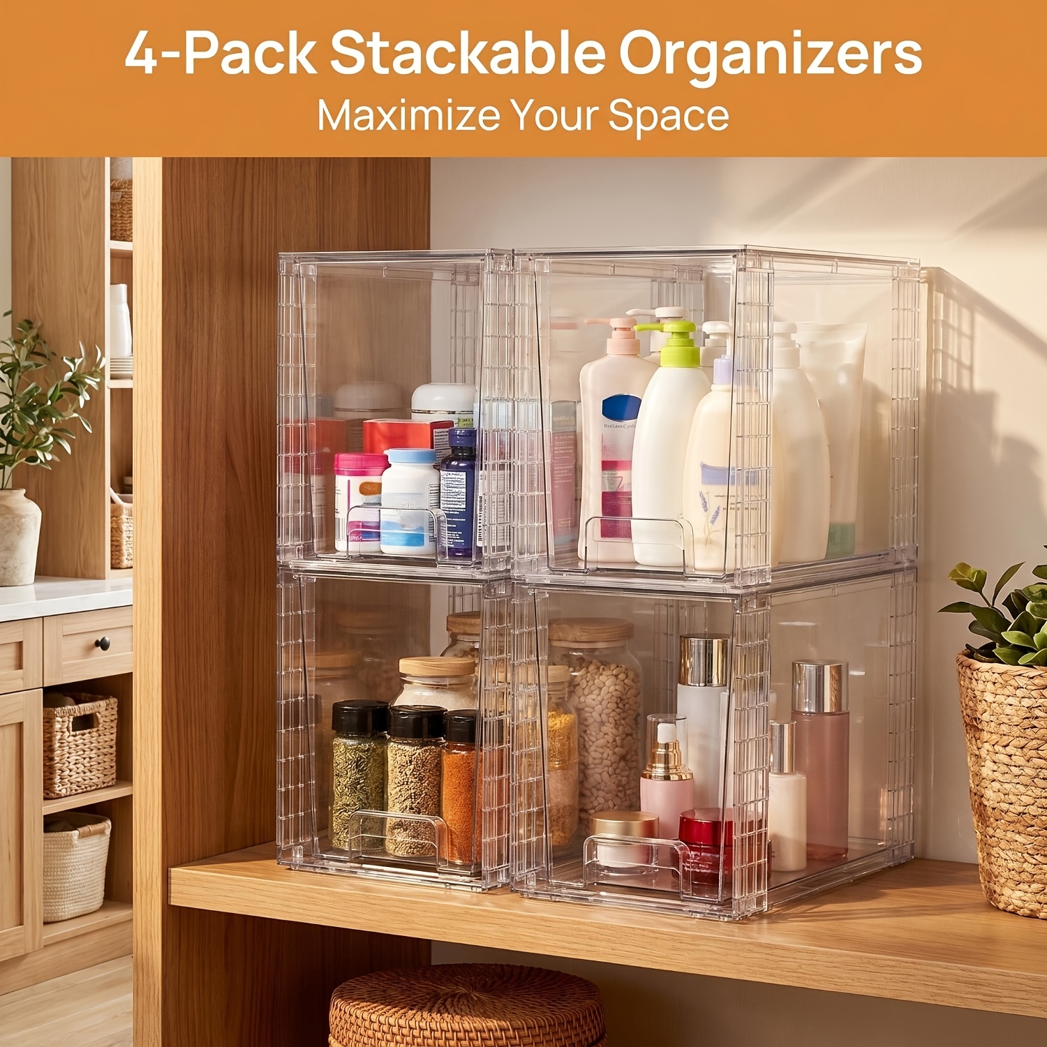 TEMU 4 Pack 9.7" Plastic Under Sink Storage, Drawers Organizer - Stackable Storage Bins For Skincare, Makeup, Organization - Fits Cabinet, Undersink,