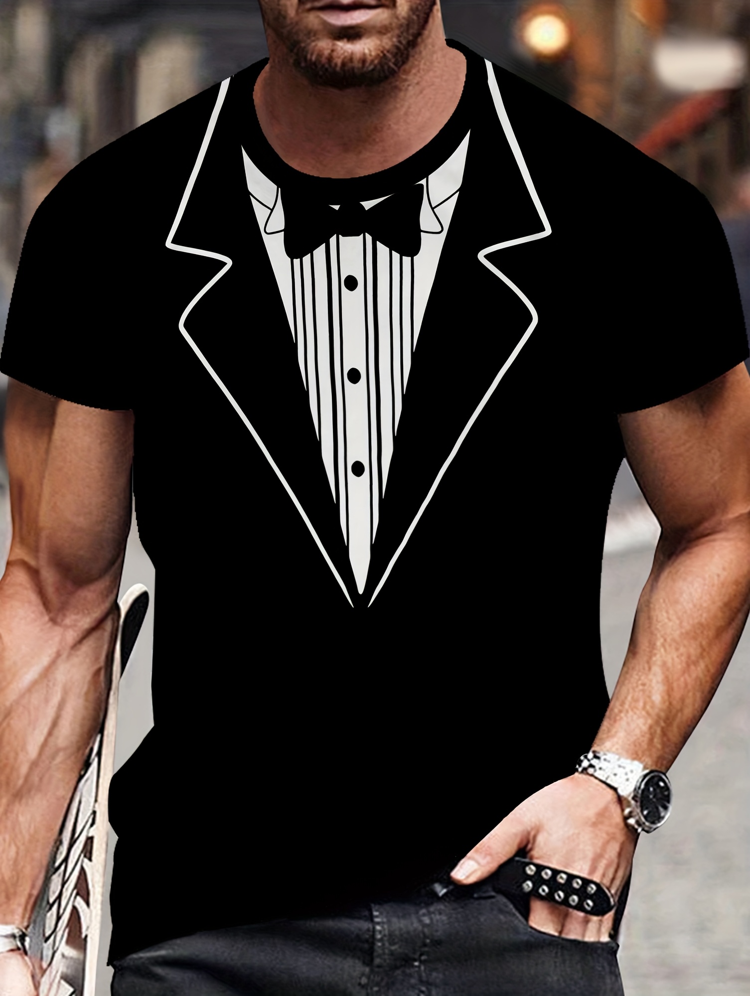 men's casual round neck print t shirt novelty tuxedo bow tie