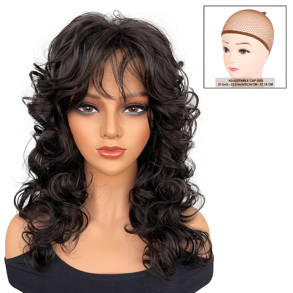 E-shop 20-Zoll Stylische Lange Lockige Schwarze Perücke mit Fransen für Damen - Volles Volumen Ideal für Halloween, Cosplay und Feiern