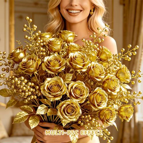 16pcs high quality artificial simulation gold plated bouquet combination realistic texture artificial rose suitable for home table decoration balcony shop window display wedding courtyard garden floral decoration
