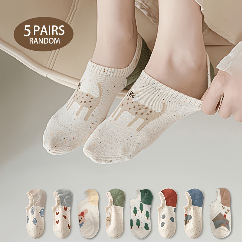 5 pair random style womens cartoon pattern embroidered ankle socks moisture wicking breathable soft and comfortable no show ankle socks suitable for daily wear random delivery ideal for spring summer and  