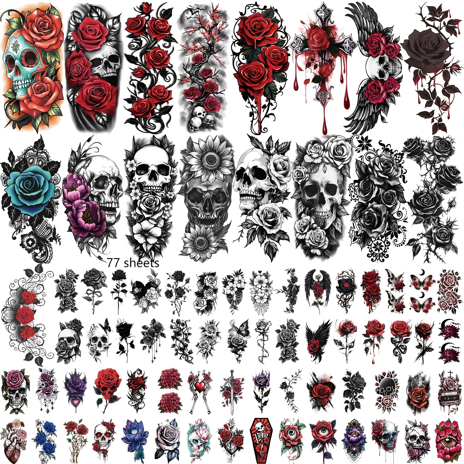 77pcs edgy tattoo stickers set 17 half sleeve 60 small decals gothic roses skulls     black red temporary body art