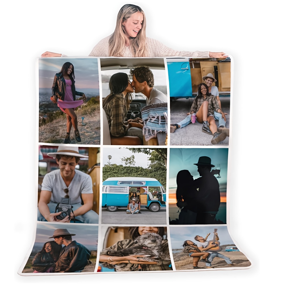 

1pc Custom Photo Fleece Blanket - Personalized Weave Throw With 9 Picture Slots, For , , Vacations, , Pets - Winter Season, Knitted, 30 Stick Count