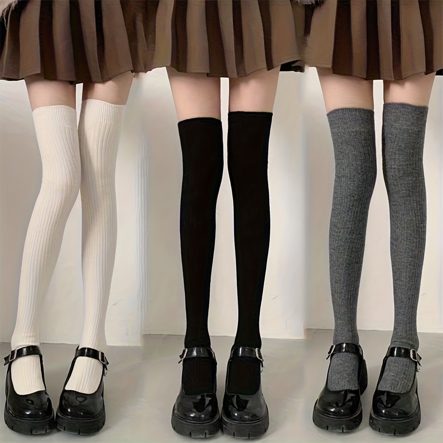 TEMU 3 Pairs Of Women's Sweet Casual Over-the-knee Socks In Black, White, And Gray. Preppy Thigh-high Stretchy Long Socks, Knee-high Socks —