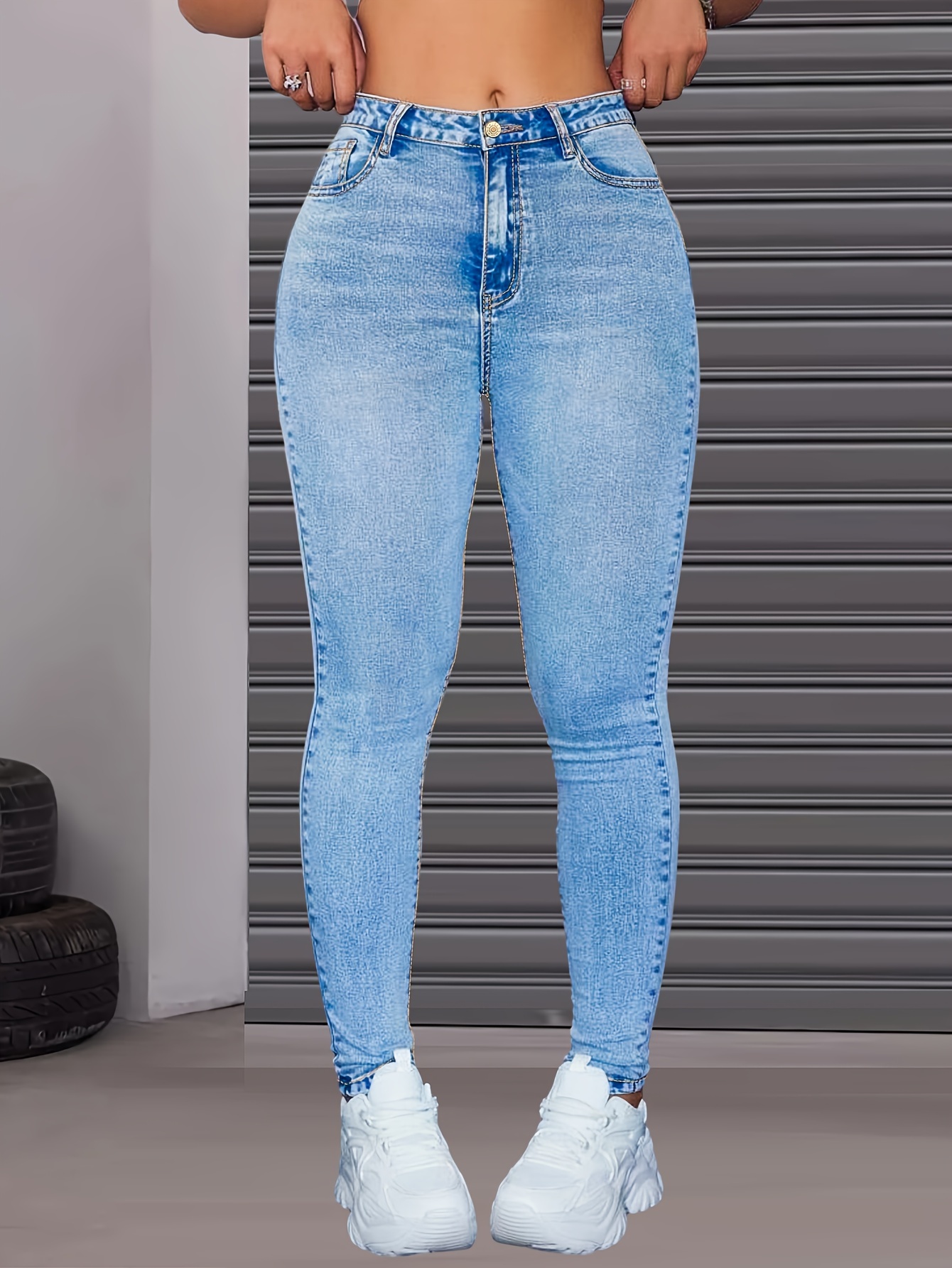 Stretchy Whiskering Skinny Jeans Medium Blue High Slash - Temu Canada