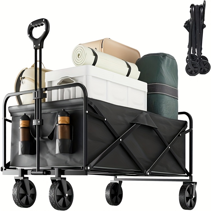 Foldable Trolley Cart with 4 Large Wheels - Durable Iron Frame, Collapsible Design for Outdoor Sketching, Picnics, Travel, Shopping & Stalls - Black