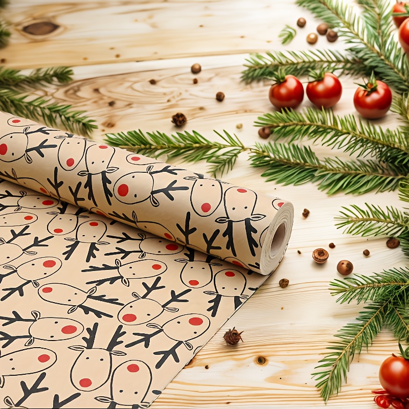 

Deer Pattern Gift Wrapping Paper Roll - Cartoon Reindeer Design Brown Paper With Adhesive Labels For Christmas, Birthdays, Graduations - For Party Favors And Gift Decoration Supplies