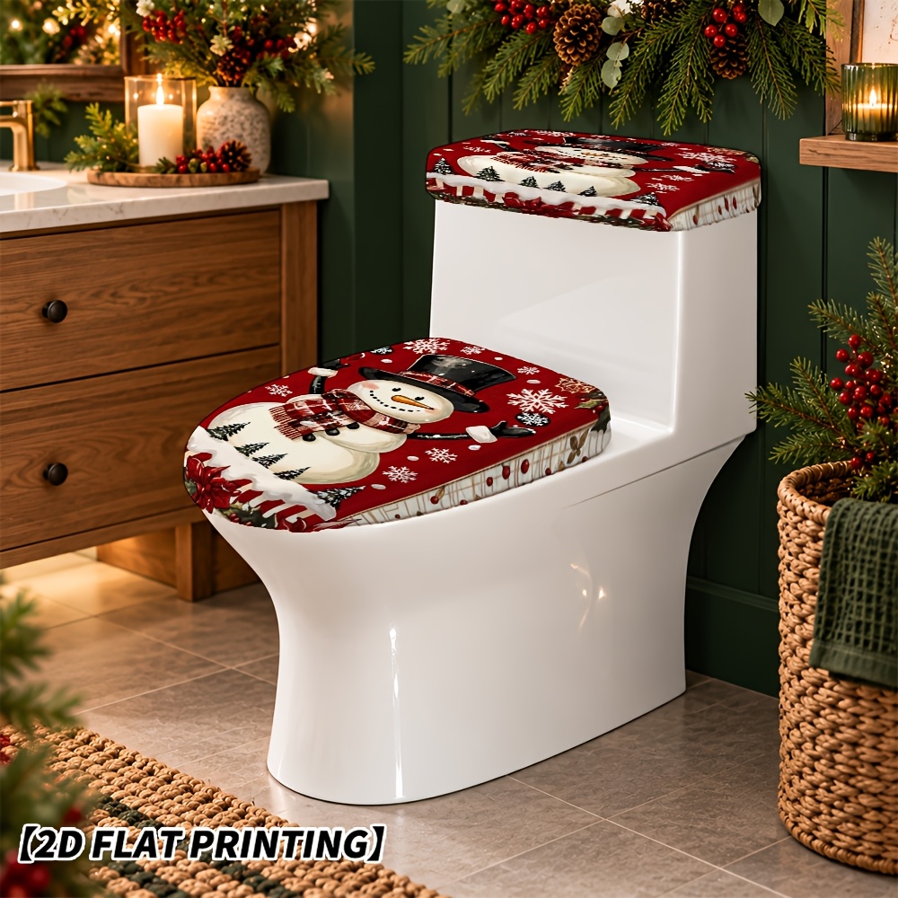 TEMU 2pcs Toilet Tank Cover And Toilet Cover Set, Snowman Christmas Joy Toilet Cover Set, Toilet Tank Cover And Toilet Cover Set,stretchy Toilet Tank