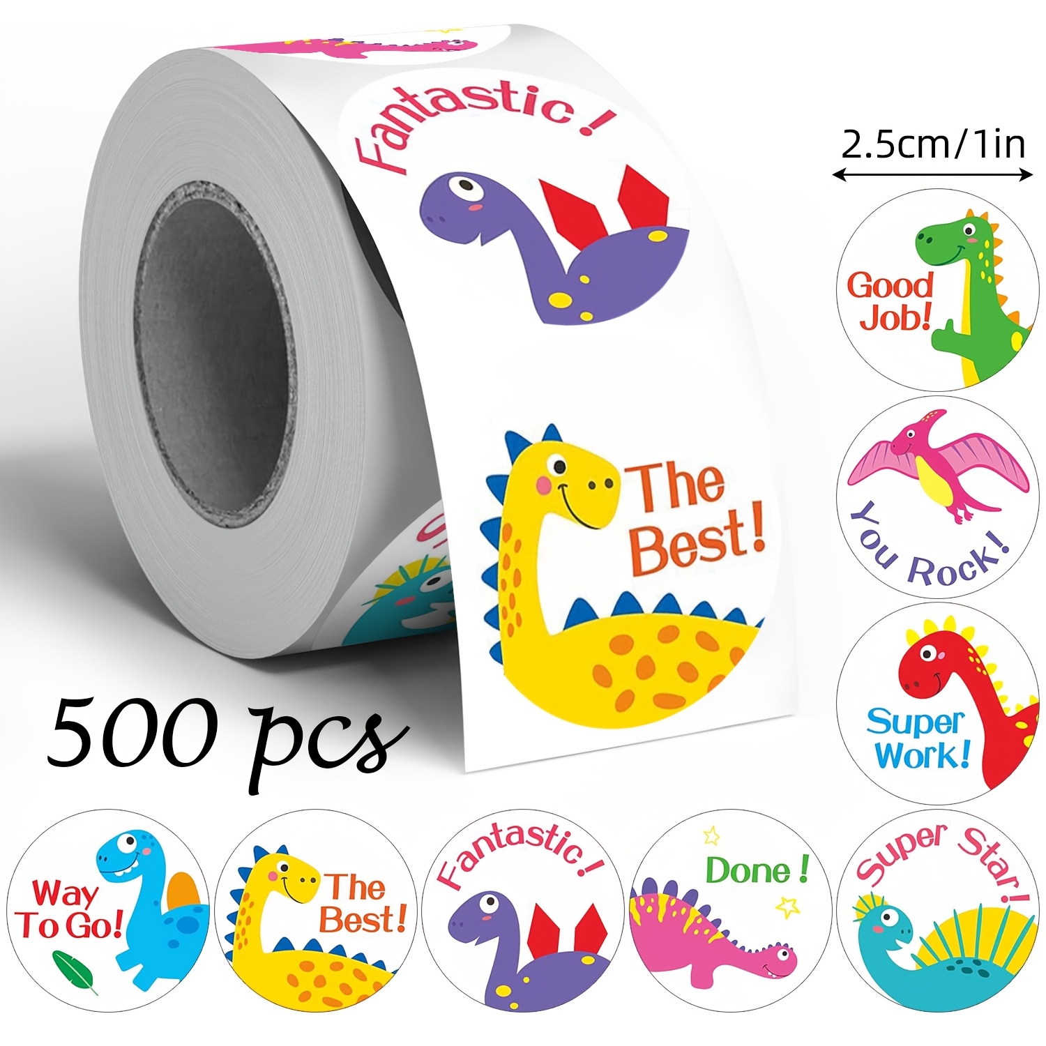 TEMU Paquete de 500 pegatinas de rollo de de dinosaurios de dibujos animados de ánimo, 2 estilos disponibles, etiquetas adhesivas redondas de 1 para