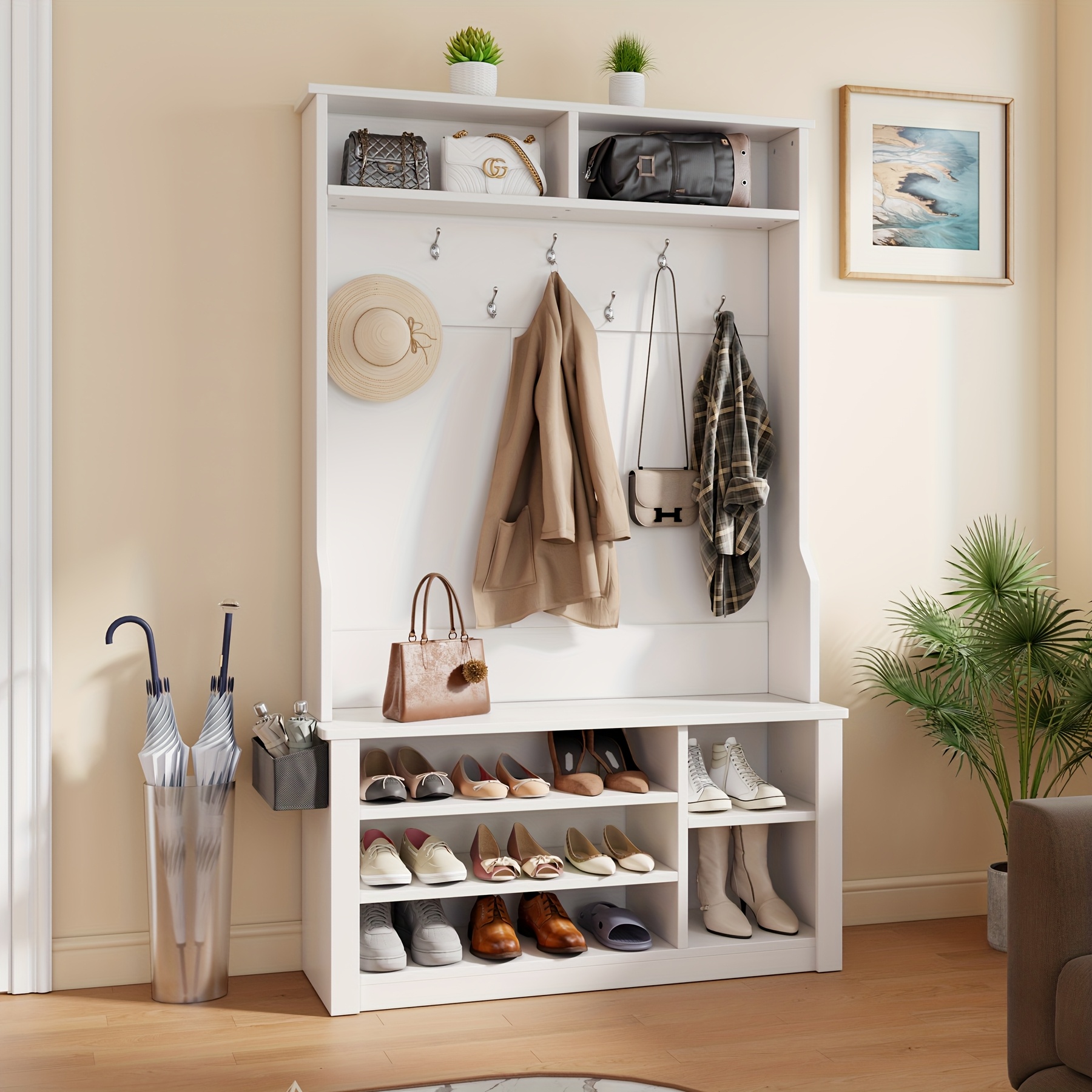Meuble D’entrée Porte-manteaux Avec Banc Et étagère à Chaussures 9 Crochets Amovibles Tringle Pour Entree Chambre Style Industriel Marron 12 0006393