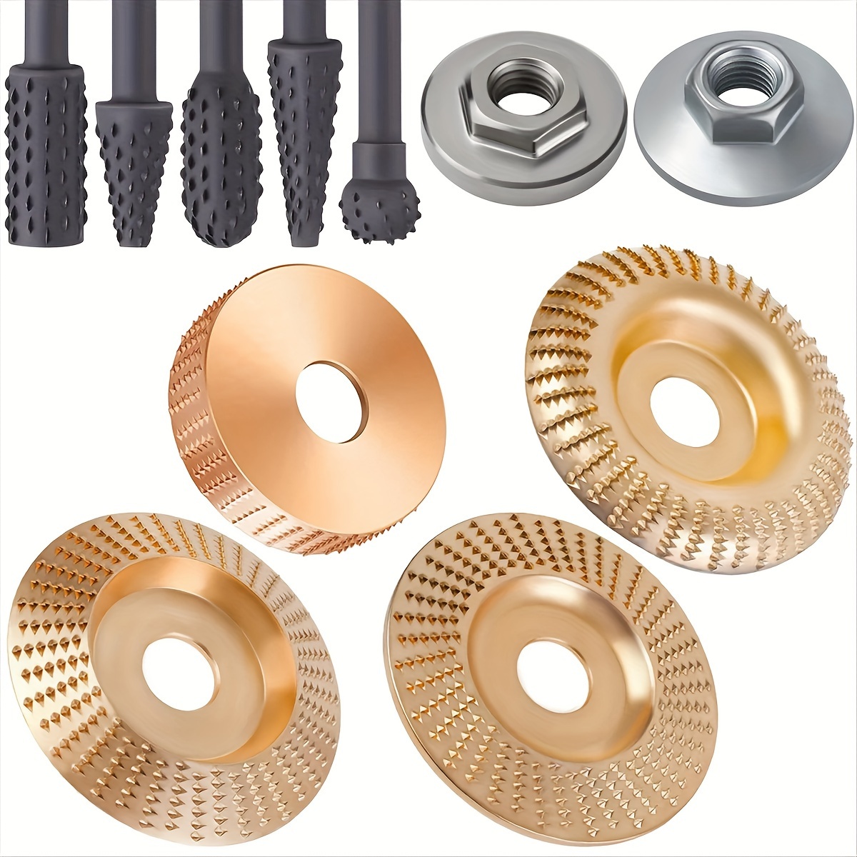 

9pcs Carbide Wood Carving Disc & Rotary Burr Set For Angle Grinder - Medium Grit, Compatible With 4" And 4.5" Grinders, Flange Nut Included