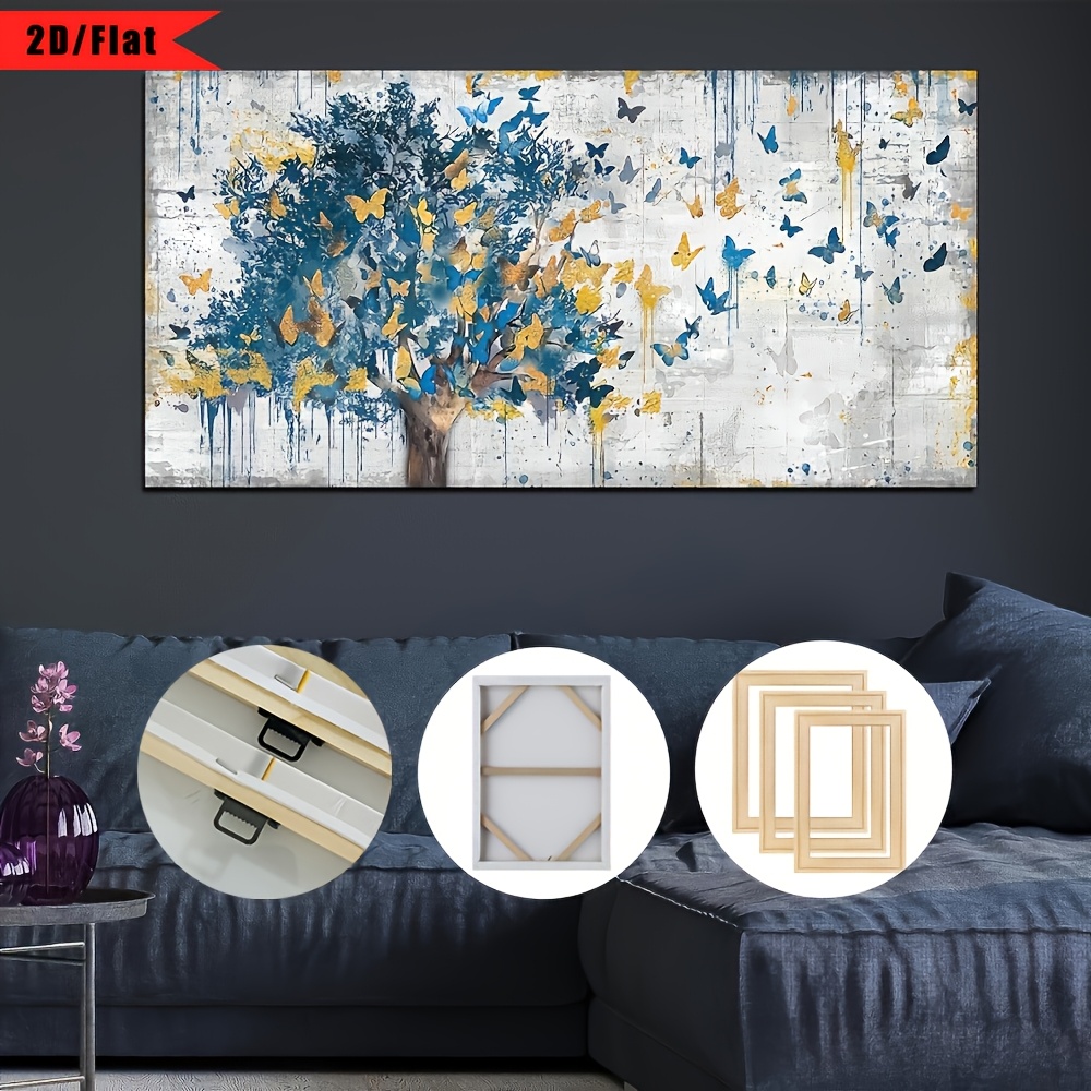 TEMU 2d Flat, 2d/flat,1pc, Framed, Doodle Abstract Style Canvas Wall Art, Golden And Blue Trees Modern Art Mural, High -definition Printing Poster,