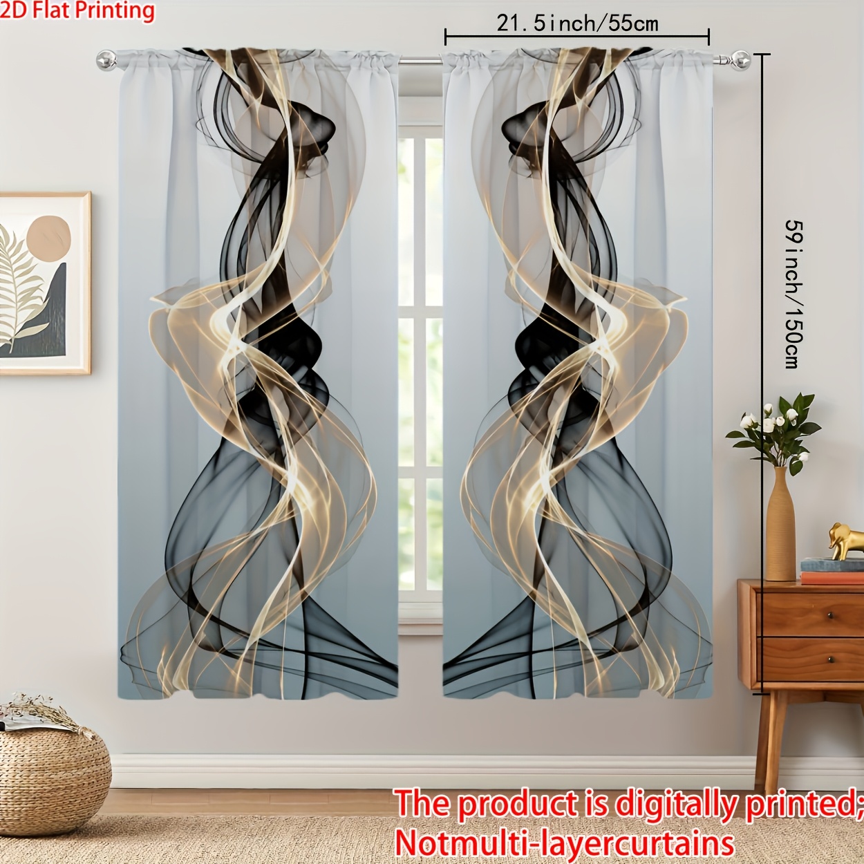 2pcs, 2d Flat Printing, Modern Art Abstract Pattern Curtains, Rod Pocket, Bedroom Office Kitchen Home Decor