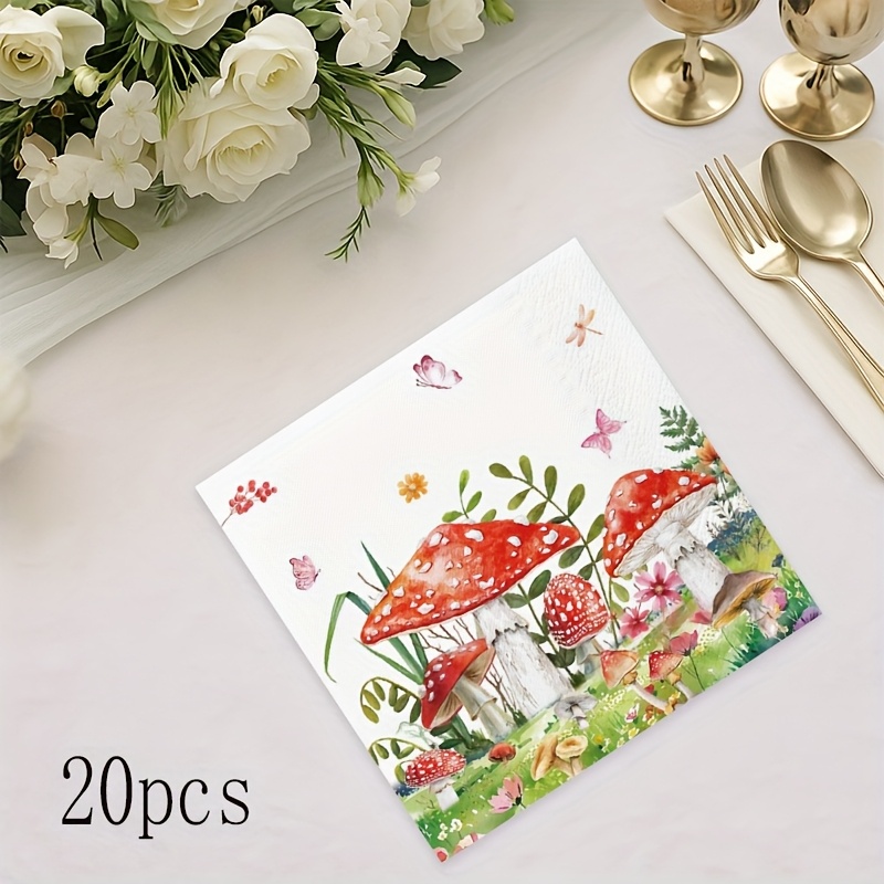 E-shop 20 Stück Waldpilz Märchenparty Servietten, Wildpilz Schmetterling Botanik Druck Einwegservietten, Ideal für Outdoor Camping , Märchenpartys