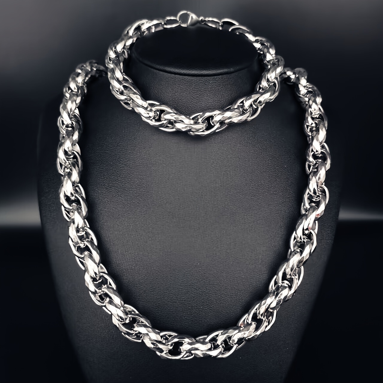Stainless Steel Twisted Large Chain Bracelet & Necklace Set