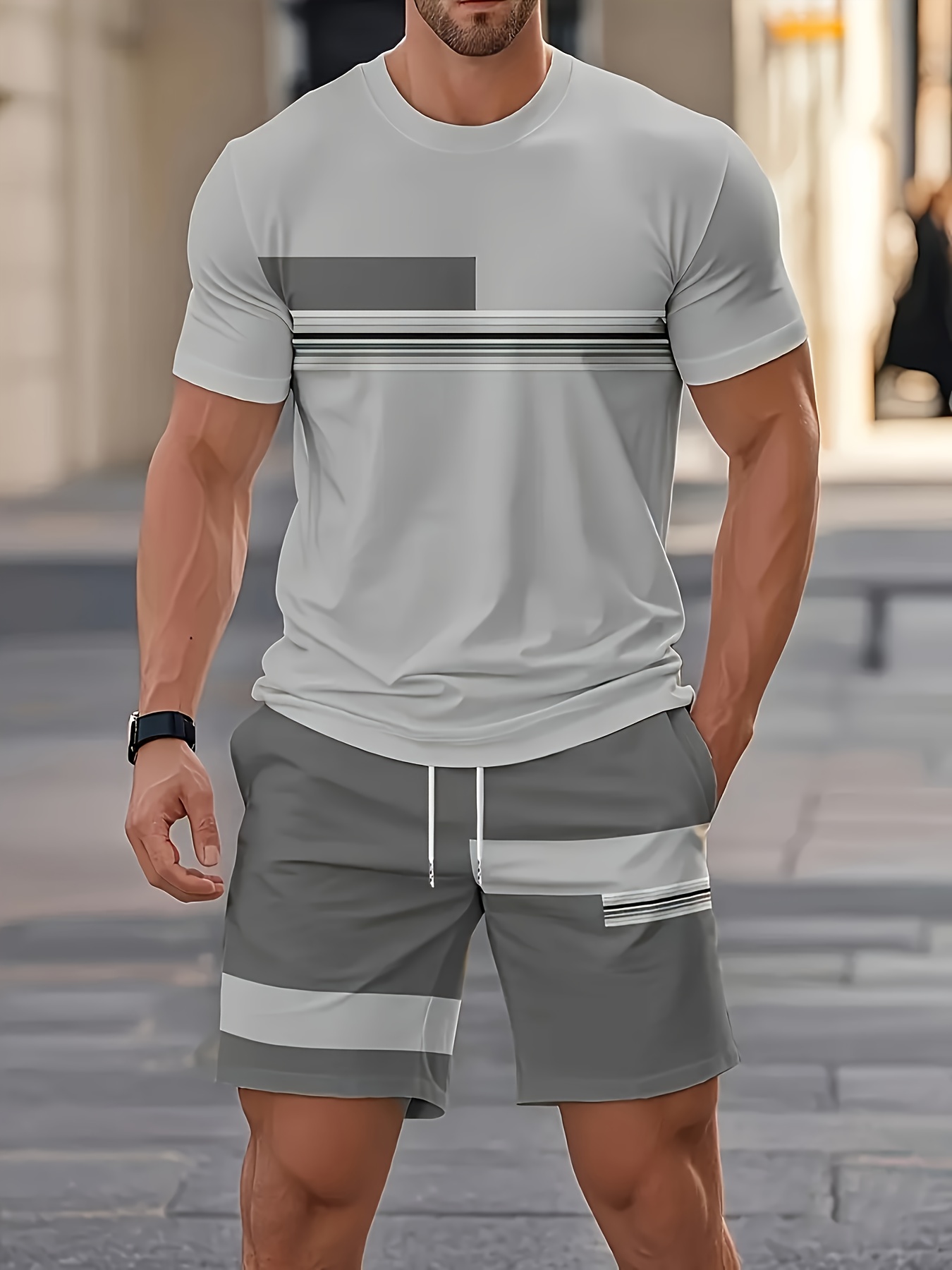 mens outdoor outfit set summer   short sleeve crew neck creative quick dry t shirt top shorts 3  print vintage style striped contrast color   must have for street   suitable for daily casual