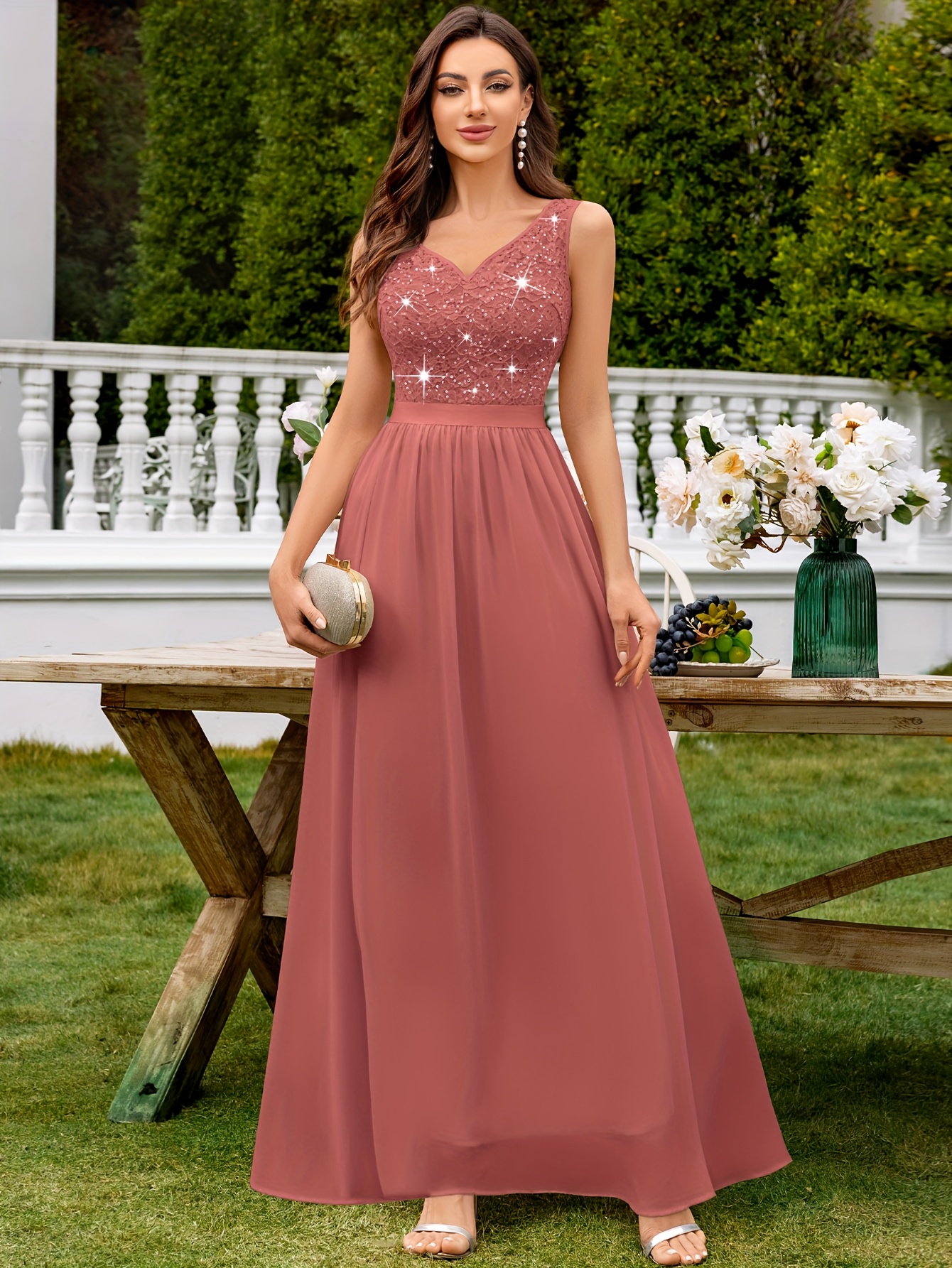 23221 womens elegant v neck sleeveless pleated maxi - Temu