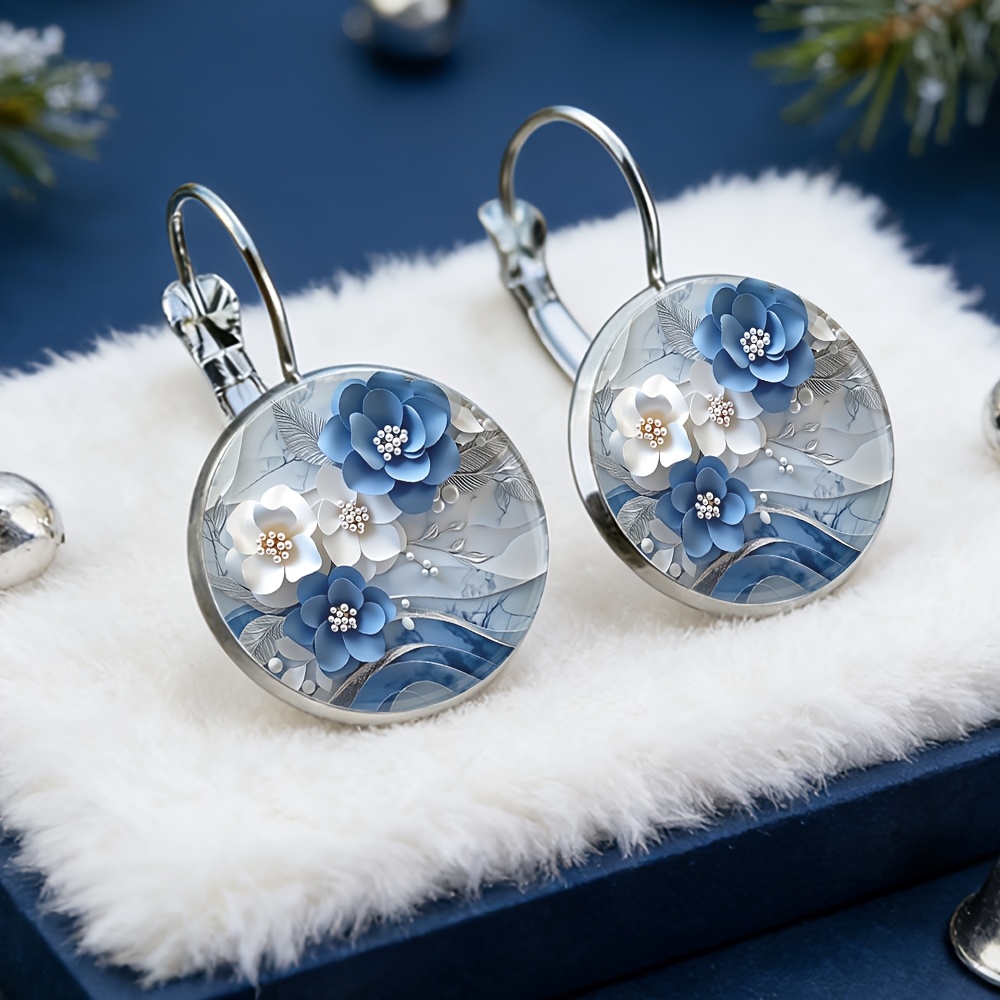 TEMU Blue And White Floral Earrings, Made Of Alloy With Glass Inlays, A Fashionable Gift For Women, Exquisite Earrings Suitable For Daily Wear