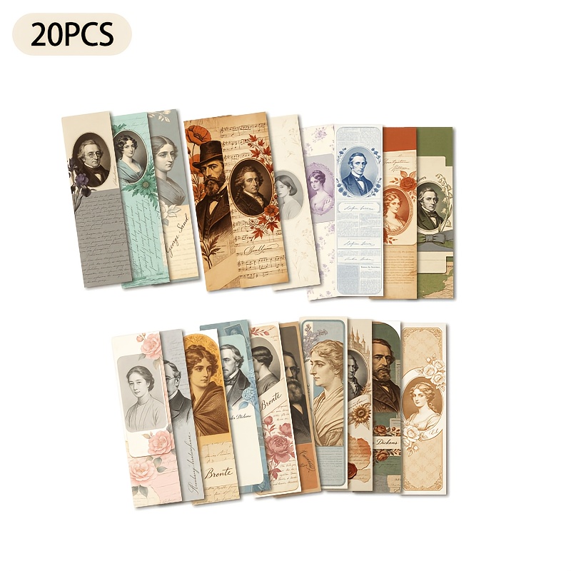 TEMU 20 piezas de marcapáginas vintage codificados por colores, para amantes de los libros, profesores, - Retratos grabados de figuras literarias en
