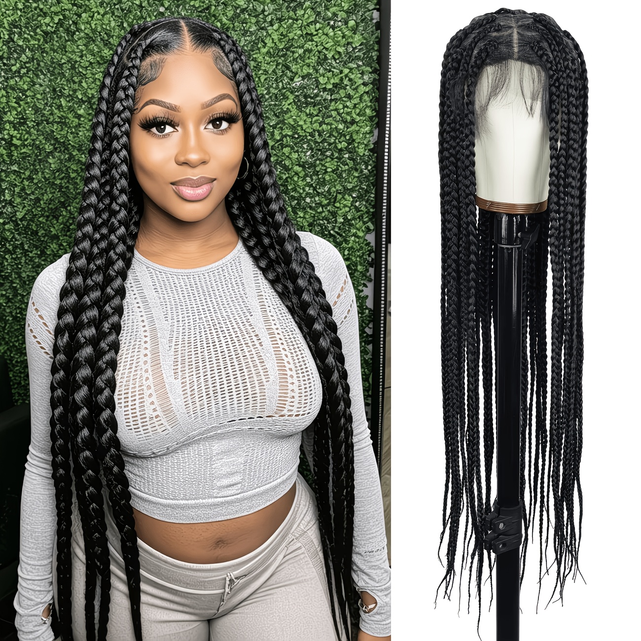 TEMU Costume 360° Hd Full Lace Knotless Square Braided Wigs Designed For Women, Featuring Premium Synthetic Hair, Long Full Lace Frontal, And Box