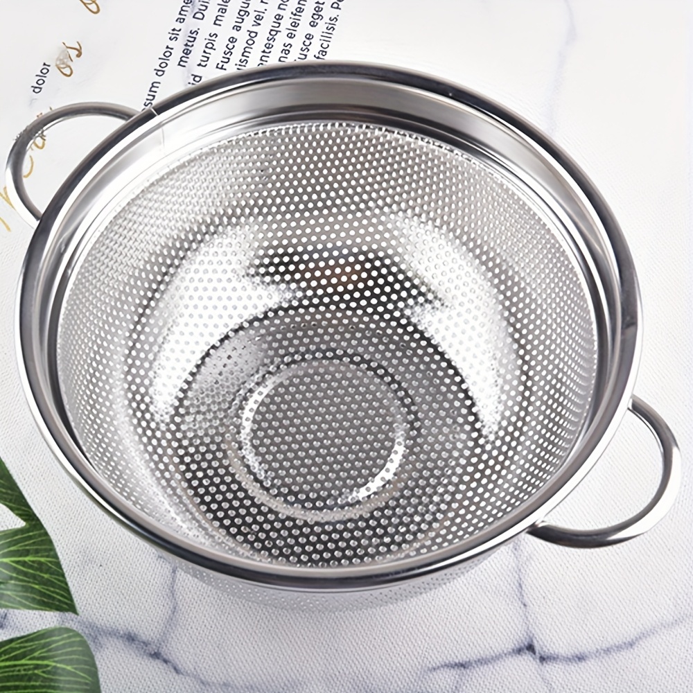 1pc stainless steel drain basket with thickened holes versatile basket for kitchen dining room rice washing vegetable washing rice screening fruit washing and leaking basin   preservation storage
