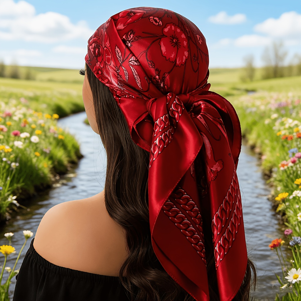 TEMU A Ladies' Spring And Autumn Elegant Bright Satin Chain Printed Square Scarf, Fashionable, Smooth, And Lightweight Headscarf, Suitable For Daily
