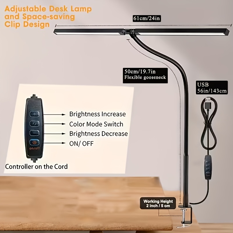 TEMU Usb-powered Dual-lens Clip-on Desk Lamp With Dimmer & Gooseneck, 3-color Adjustable Lighting Suitable For Home Office, Dorm, Bedside Light, Usb