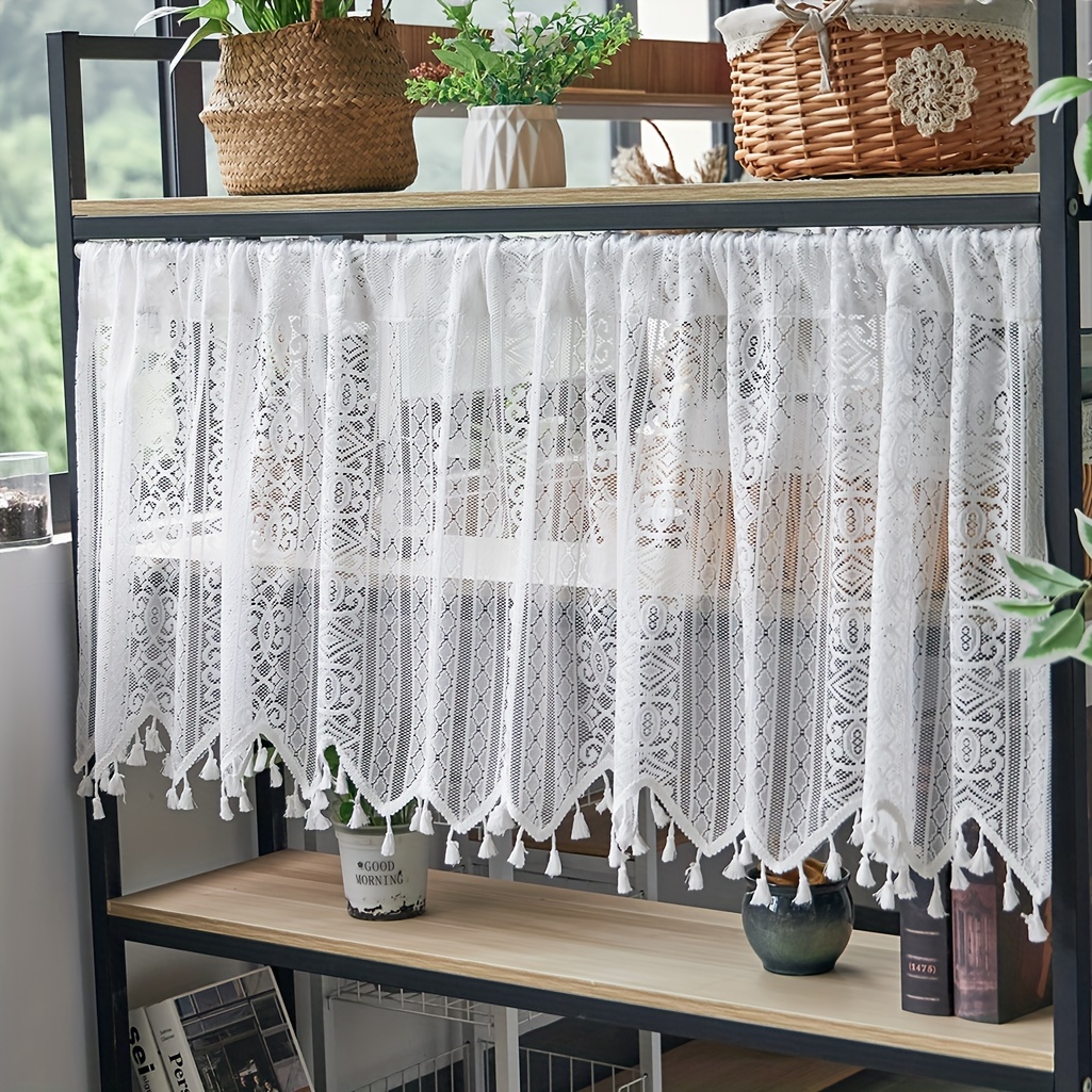 boho geometric pattern lace tassel cafe curtain tiers polyester woven semi sheer rod pocket kitchen window curtains with thermal insulated feature hand wash only   uncorded details 1