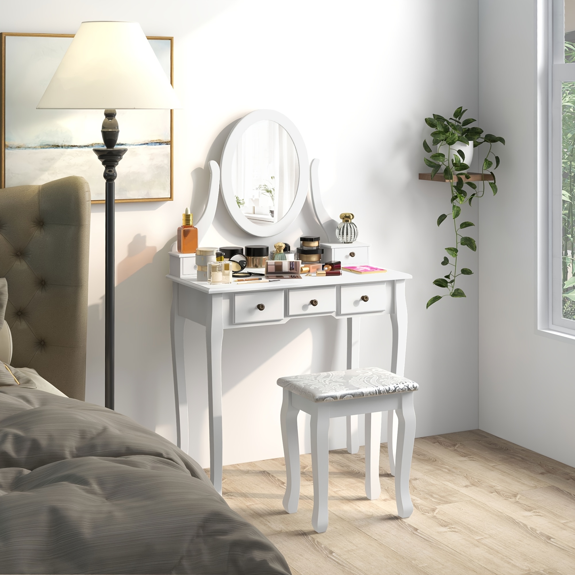 TEMU Ensemble de coiffeuse en bois HOMCOM, table de maquillage avec rotation à 360°, 5 tiroirs et tabouret rembourré, blanc