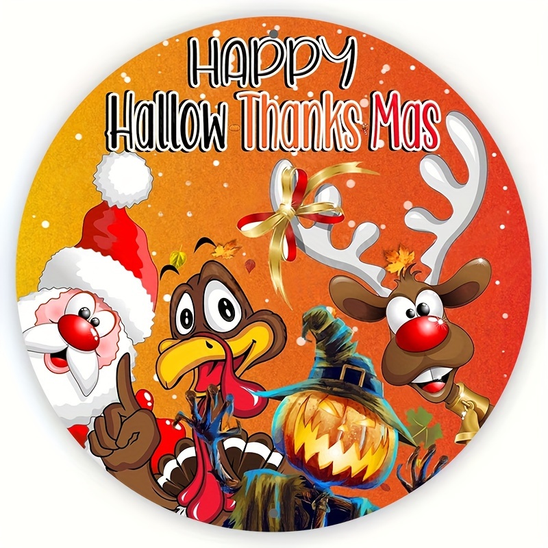 

Happy Hallow Thanks Mas Wreath Sign: 8\"x8\" Round Aluminum Sign - Perfect For & Christmas Decor - Indoor Use - Wall Art - No Feather - Pre-drilled - Waterproof - Hd Printing - Quality