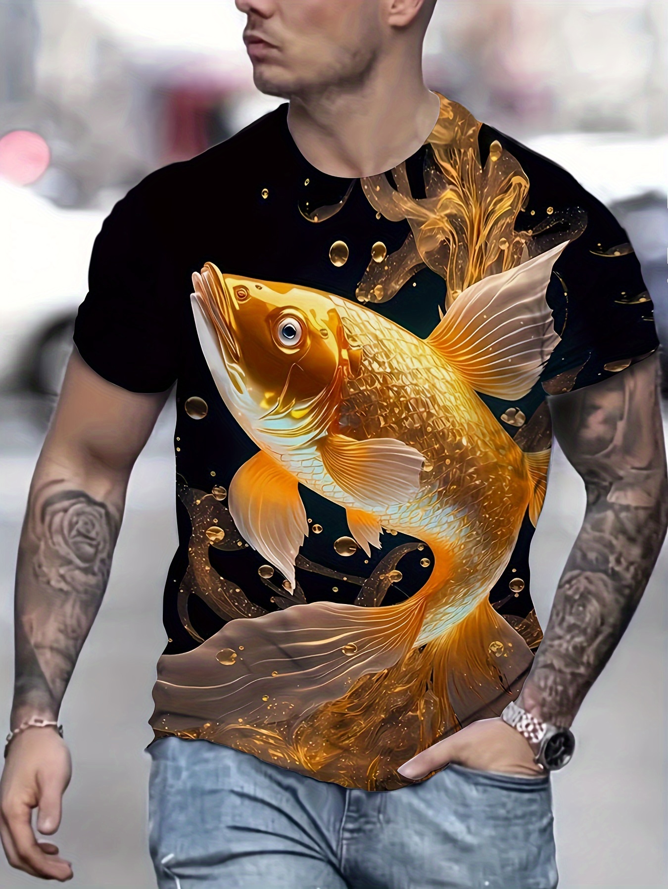 Fish Print Camiseta Manga Larga Hombre Estampado Novedoso - Temu Chile