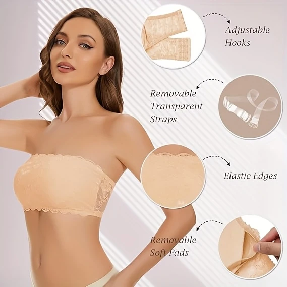 ladies lace tube bra comfortable wire free gathered tube bra strapless thickened bra details 5