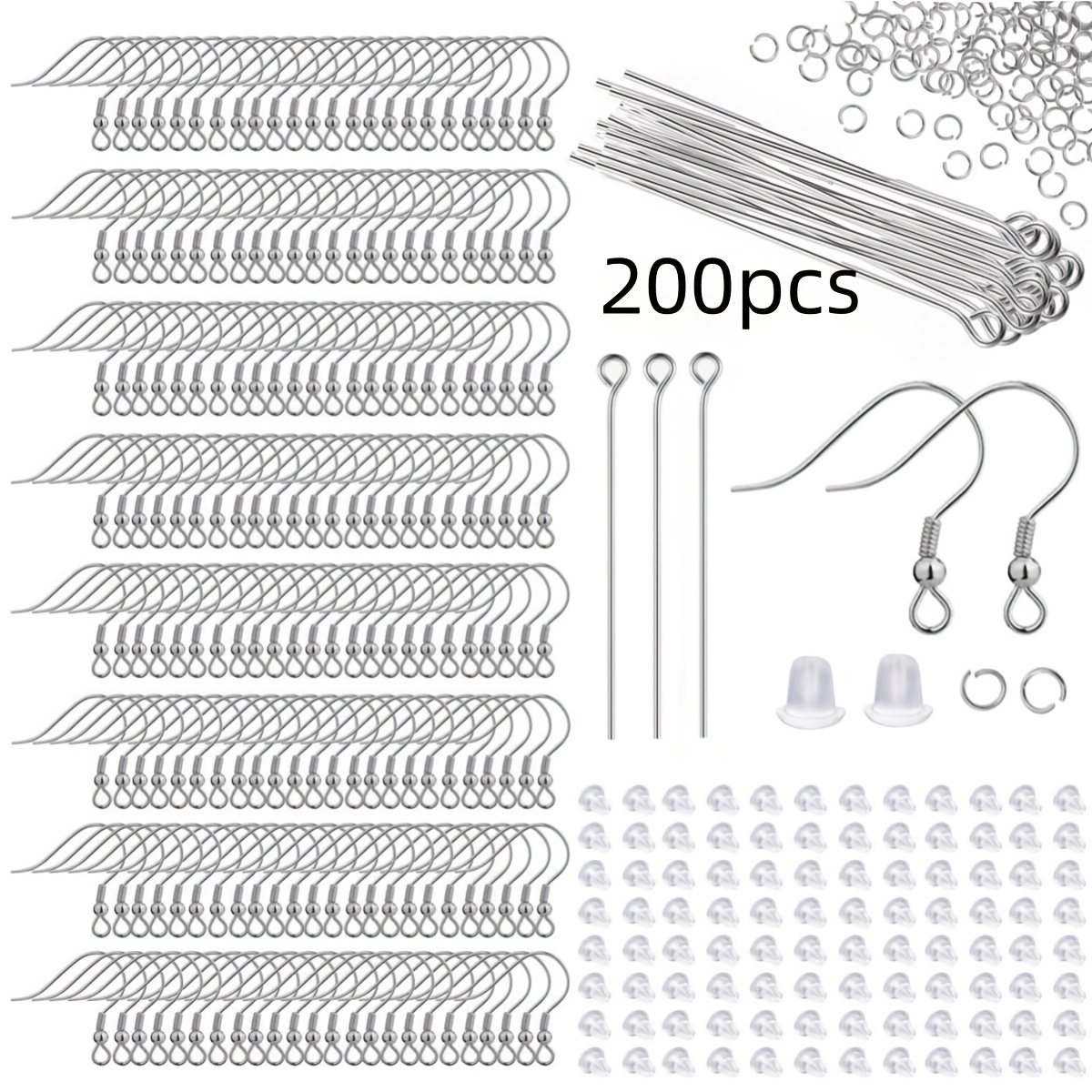 TEMU 200pcs Hypoallergenic Earring Hook Eye Pin Kit, Including 50pcs Earring Hooks, 50pcs Eye Pins, 50pcs Open Jump Rings, And 50pcs Plastic Earring