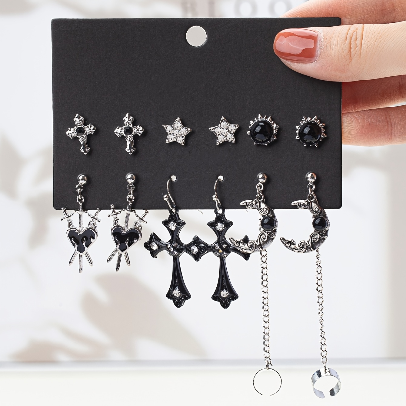 Image of 6 Pairs Gothic Cross Sunflower Five-pointed Star Cross Moon Fashion Ear Jewelry Set