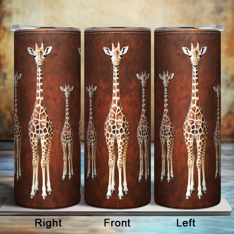 TEMU 1pc Giraffe Print Stainless Steel Vacuum Insulated Tumbler With Straw & Lid, Brown Leather Design, 12-hour Cold & 6-hour , Cute Giraffe Water For,,, Travel, Gym, Office