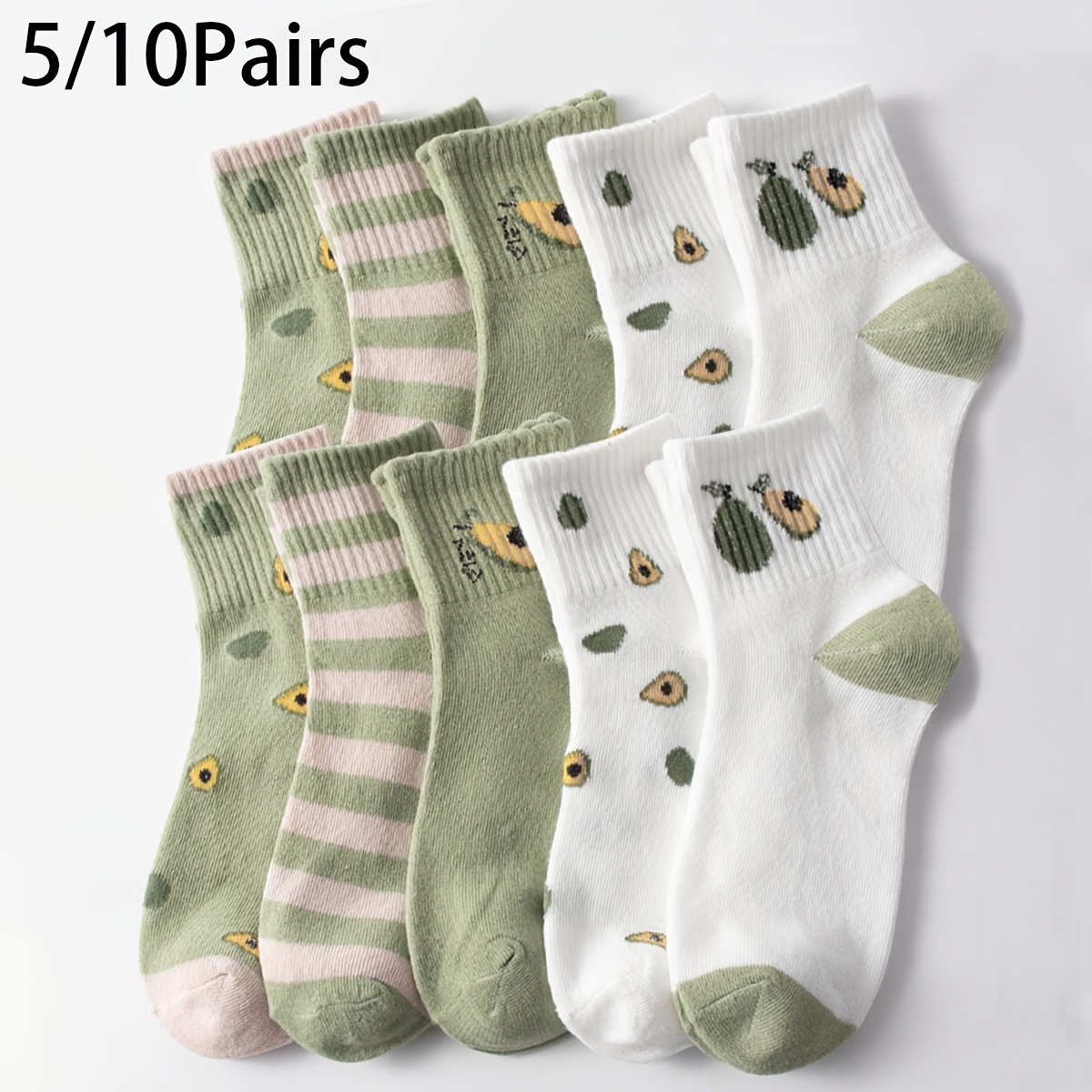 

5 Pairs Cute Avocado Socks, Cute & Breathable Mid Tube Socks, Women's Stockings & Hosiery