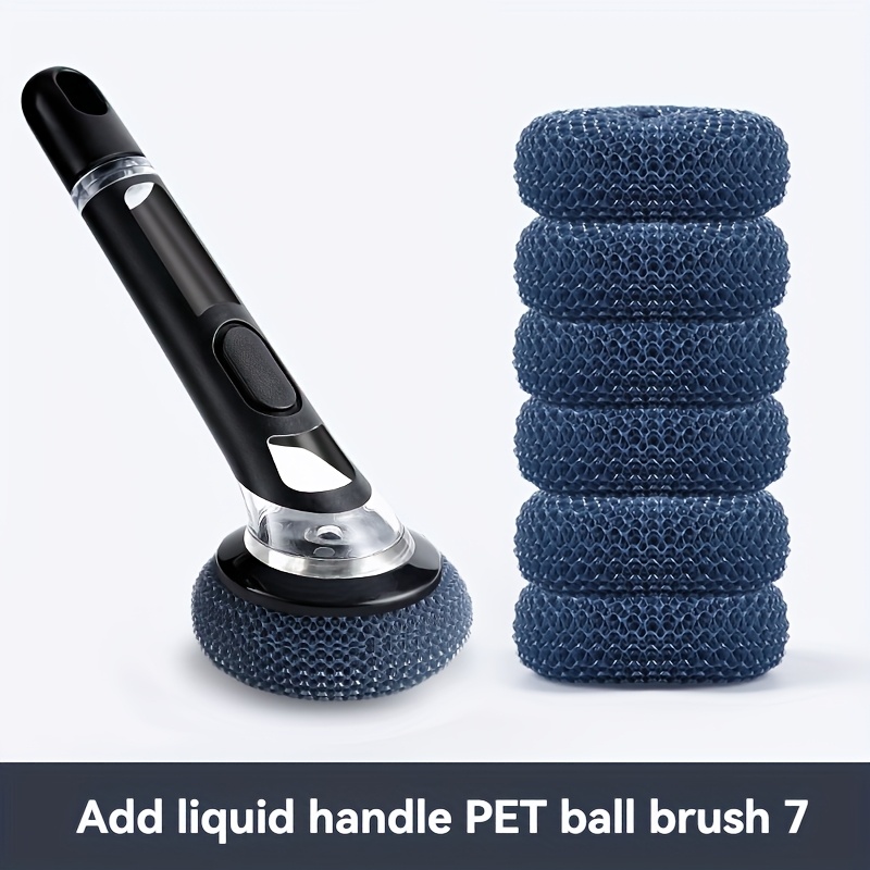 

Handled Pot Scrubber With Liquid Dispenser, Multifunctional Kitchen Cleaning Brush, 7pcs Tep Balls Options, Cleaning Tool For Pots, Bathrooms, Glass, Walls, Floors