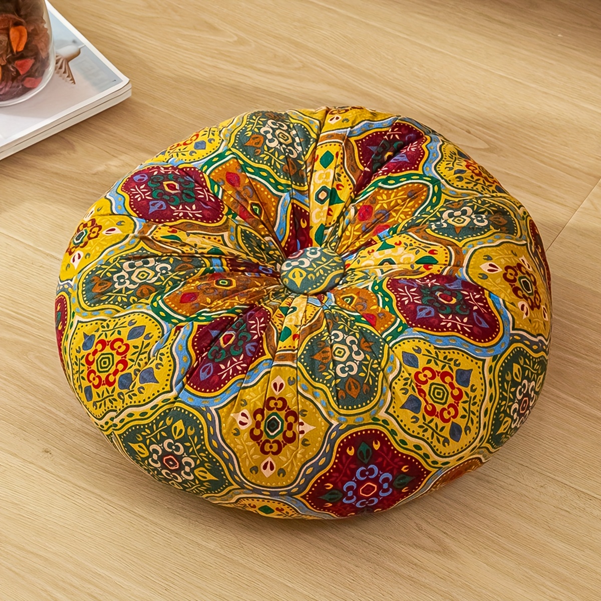 TEMU 1 Bohemian Style Thick Round Mat Vintage Moroccan Circular Cushion, Suitable For Yoga, Home Decor And More Uses - Durable Polyester Fiber, Only