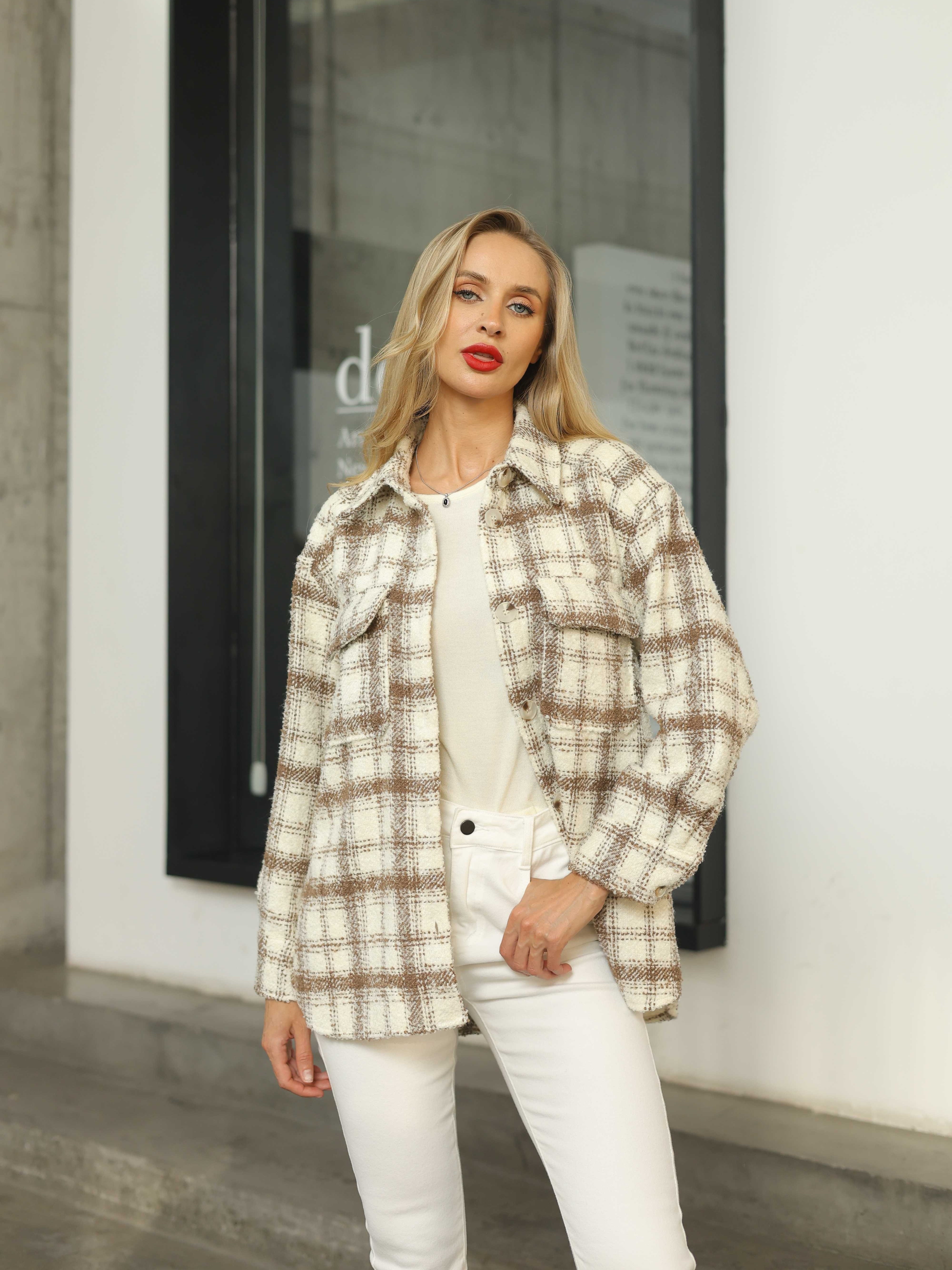 Women's Flannel Long Sleeve Button- Shirt Coat with Pockets, Stylish  Oversized Fit, Black White Pattern Casual or