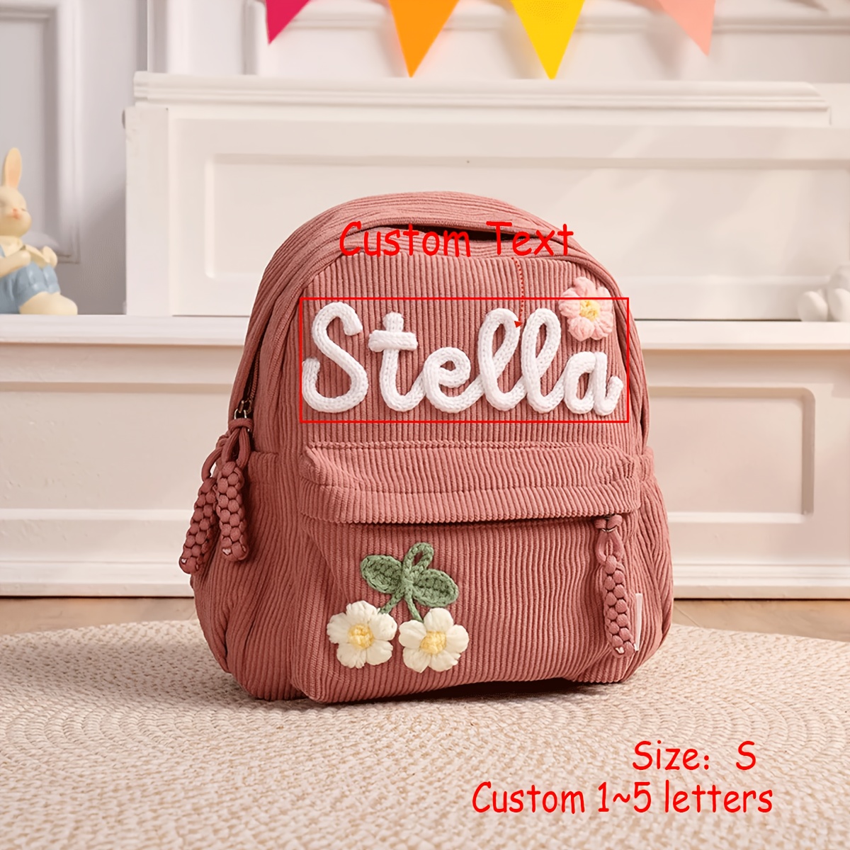 TEMU Damen Rucksack 1 Stück Personalisierter Cord Rucksack, Plus Size/Kleine Größe Benutzerdefinierte Handgemachte Buchstaben Stickerei, Blumen/Löwe