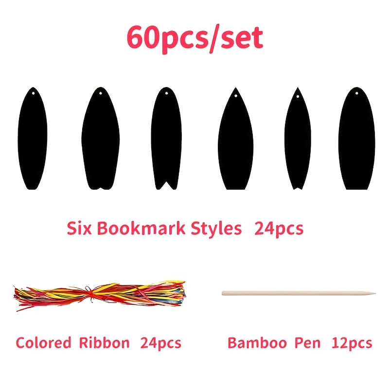 Rainbow Diy Scratch- Surfboard Bookmarks Kit (60pcs Set) – Summer Craft Set With & Color Strings For Party Decor, Reading, Gifts & Creative Fun