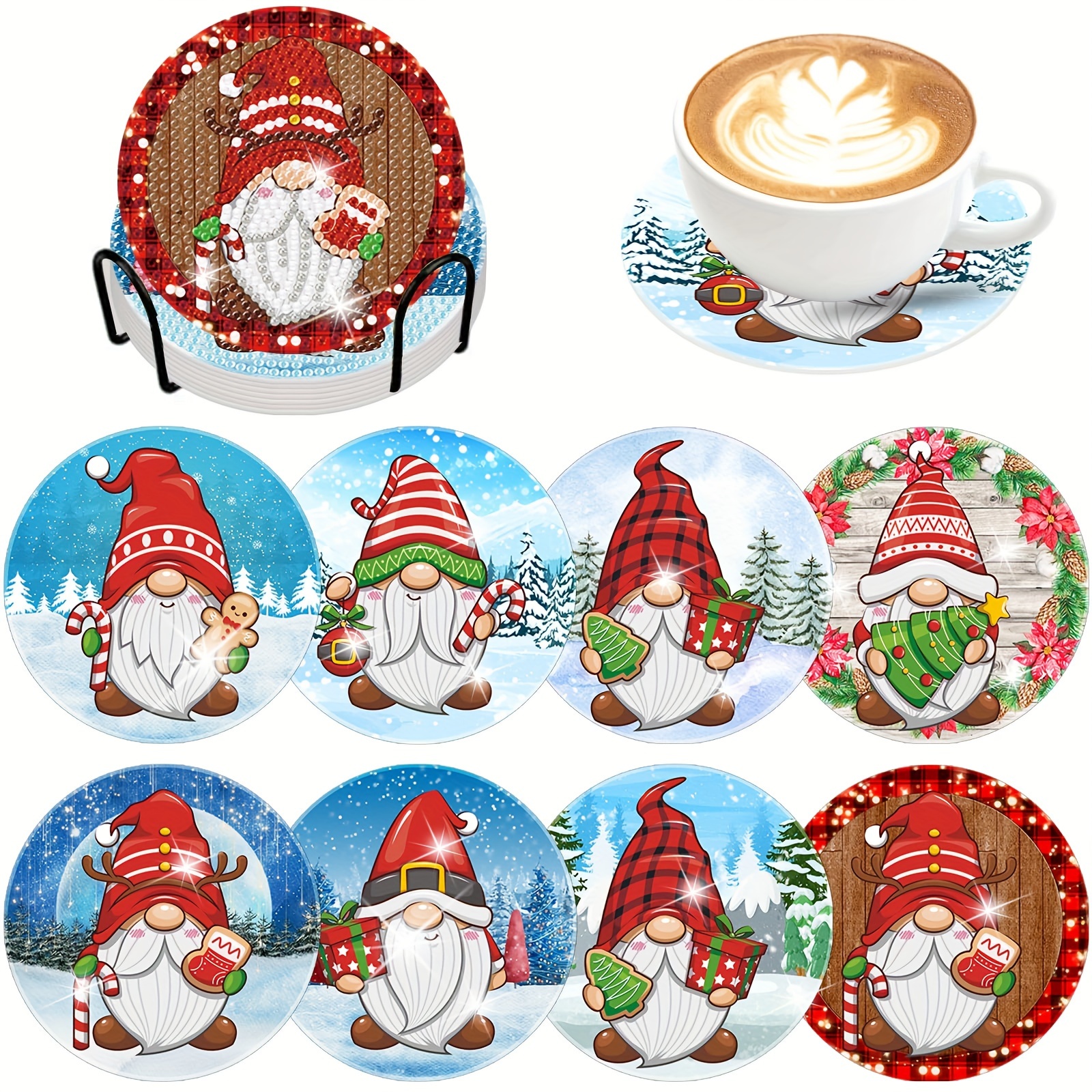 

8 Christmas Gnome Diamond Painting Coasters With Brackets, Diy Diamond Art Coaster Set, Suitable For Beginner Art And Craft Supplies