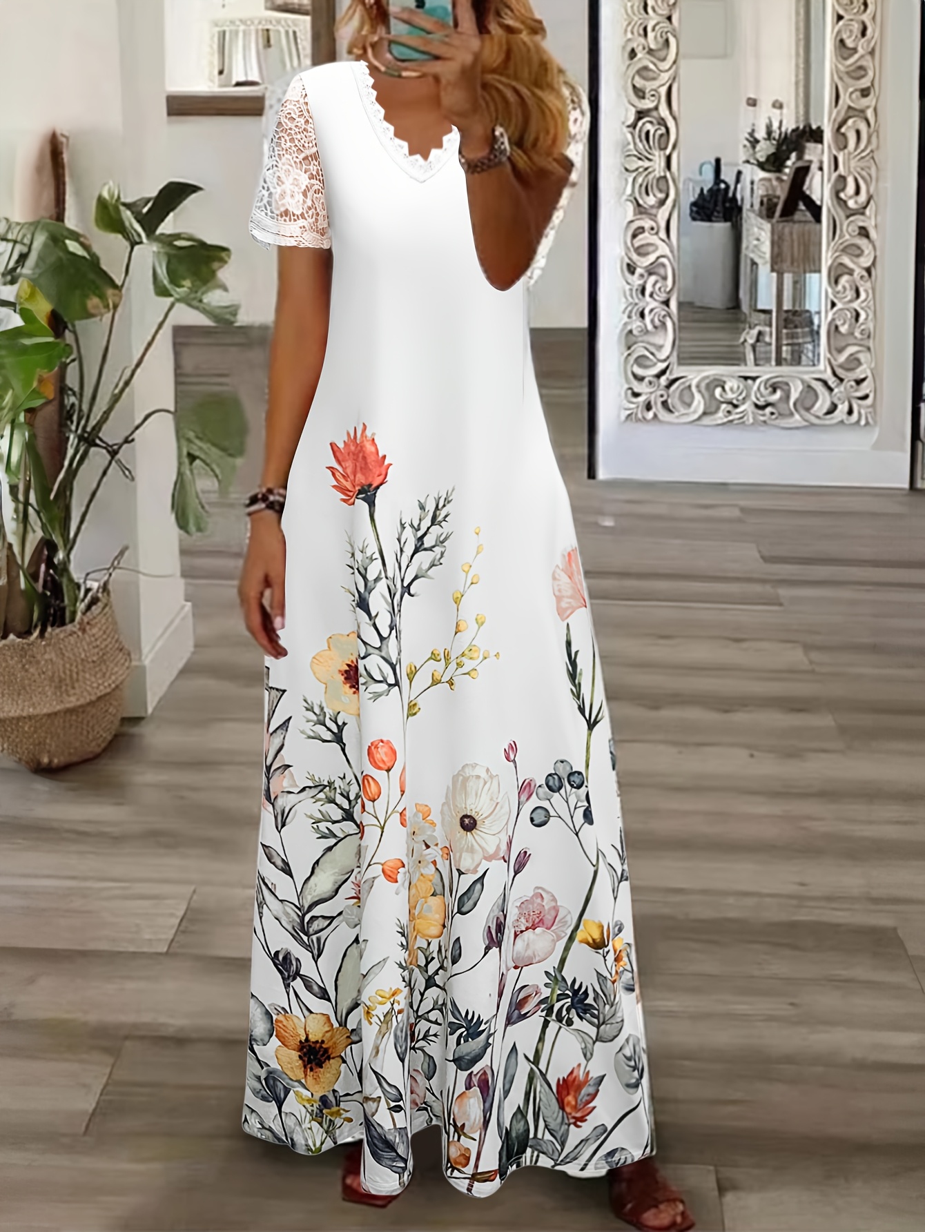 chinese dress ladies Petals & Lace Trim Maxi Dress- Navy – Mesh main image 1