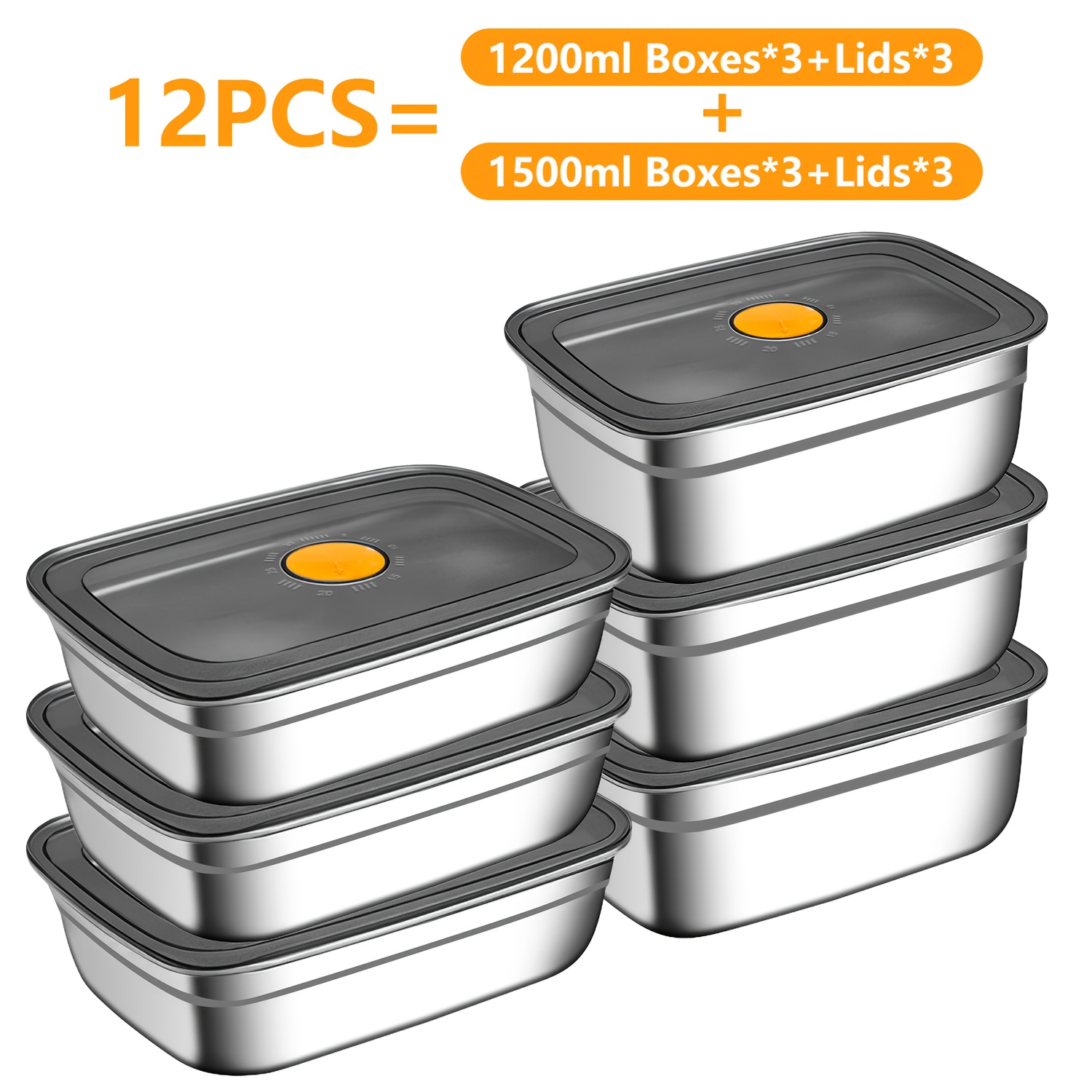 TEMU 6/12 pezzi (3/6 scatole e 3/6 coperchi) Bento Box in acciaio inossidabile con coperchi ermetici, contenitori per alimenti a di perdite da 1200