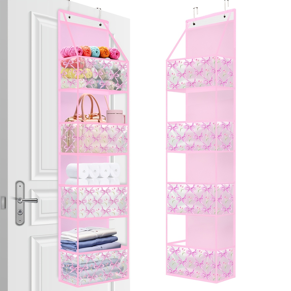 TEMU 1 Pack 4-shelf Over The Door Hanging Pantry Organizer Hanging Pvc Pockets Storage Shelf, Pink Bow Print Behind The Door Storage Organizer For