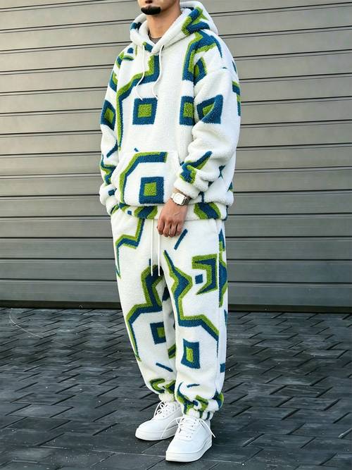 mens fleece print pullover hoodie and athletic long pants set mens casual sports suit mens warm set suitable for daily casual outdoor sports wear