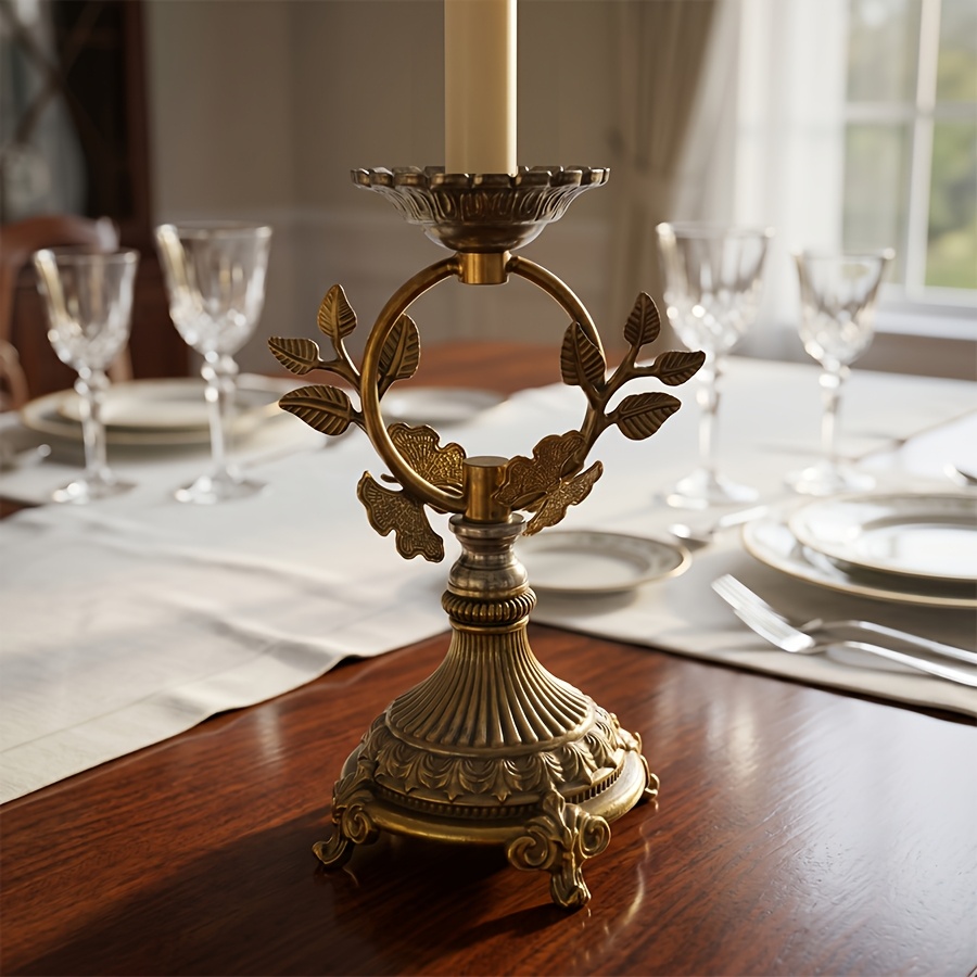 Vintage Distressed Brass Carved Candelabra, European Style Metal Leaf Design Candle Holder, Three-Legged Base Tabletop Decorative Ornament