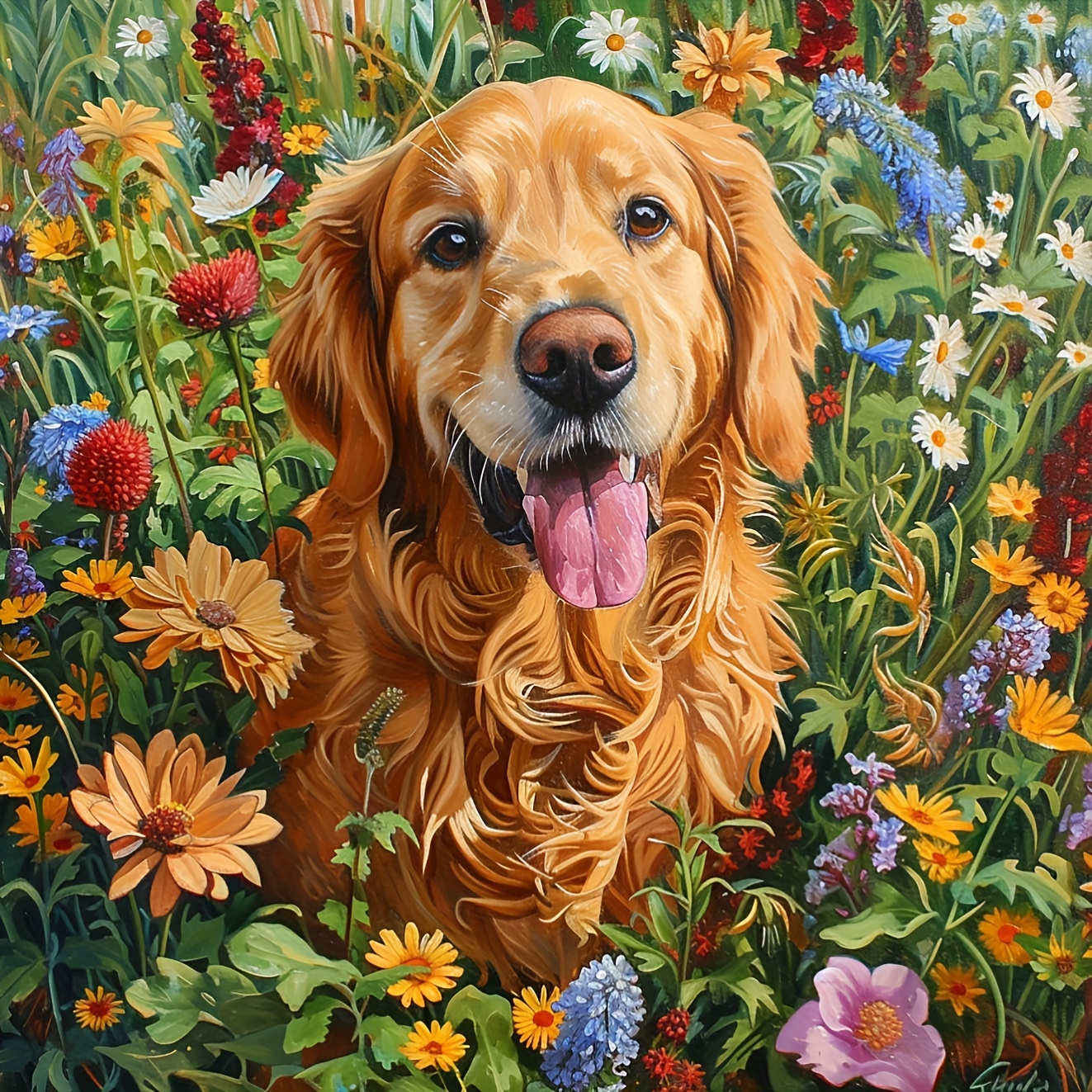 

1pc Large Size 40x40cm/15.7x15.7in Without Frame Diy 5d Artificial Diamond Art Painting Flowers And The Dog, Full Rhinestone Painting, Diamond Art Embroidery Kits, Handmade Home Room Office Wall Decor