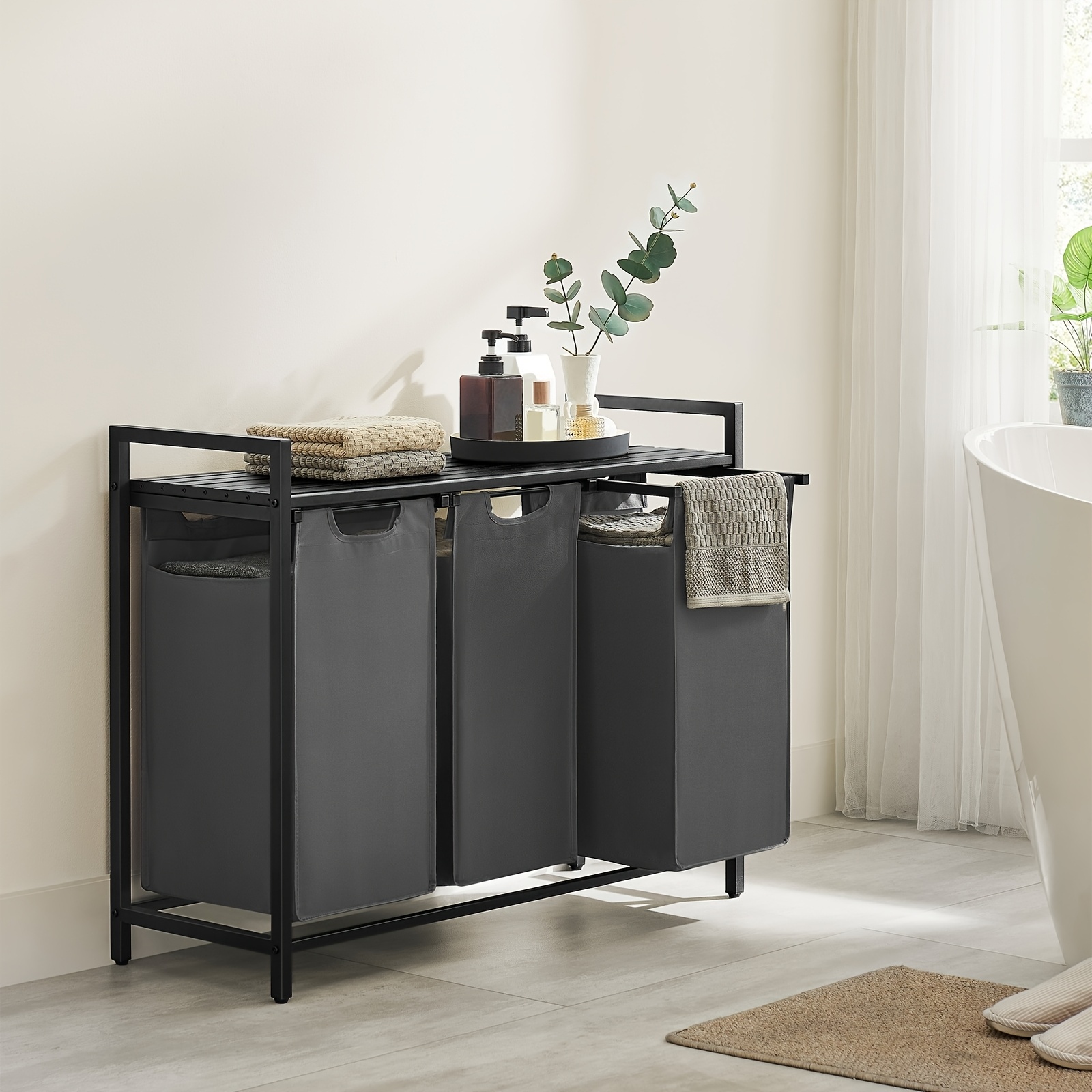E-shop Dreiteiliger Wäschekorb, Wäscheorganizer mit Ablage, Wäschekorb aus Oxford-Gewebe, verstellbar und abnehmbar, Metallstruktur, 3 x 38 Liter,
