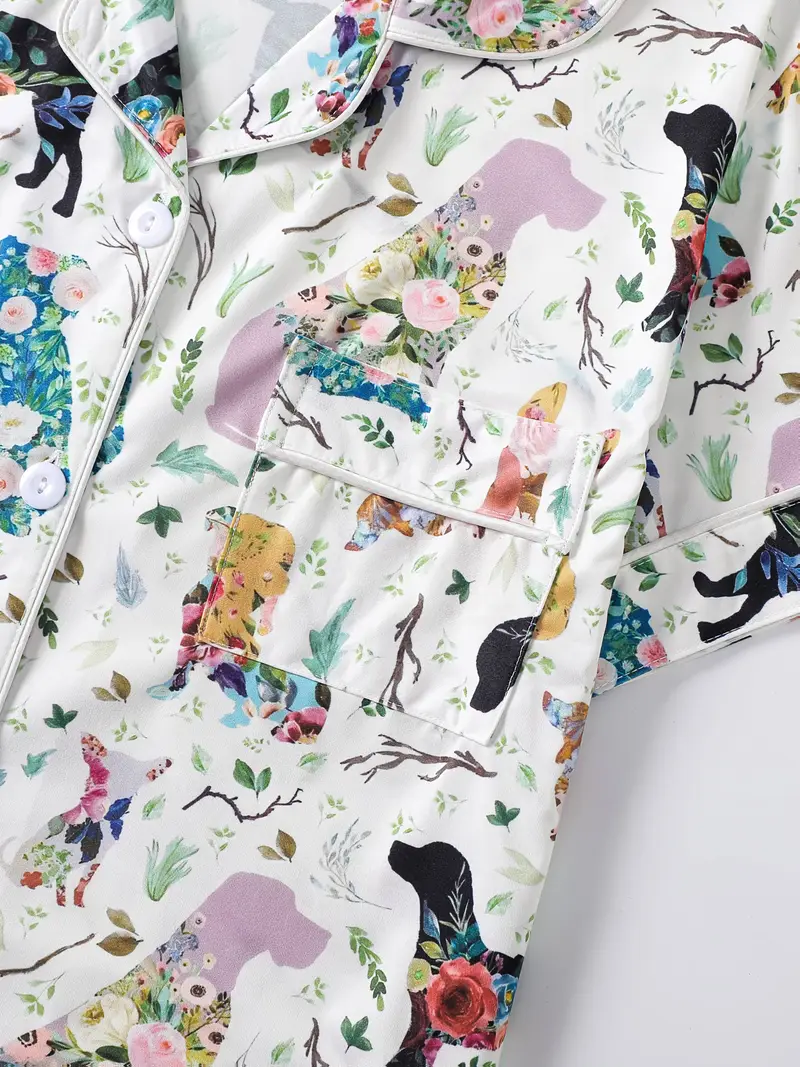 womens 2pcs pajama set cute dog floral jersey knit fabric short sleeve with lapel collar elastic loose shorts animal pattern 95 polyester 5 elastane m Product details 1